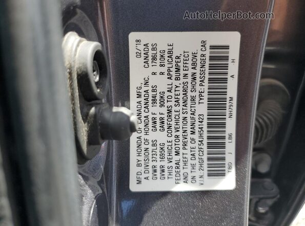 2HGFC2F54JH541423 2018 HONDA CIVIC Gray Vista de la etiqueta del VIN
