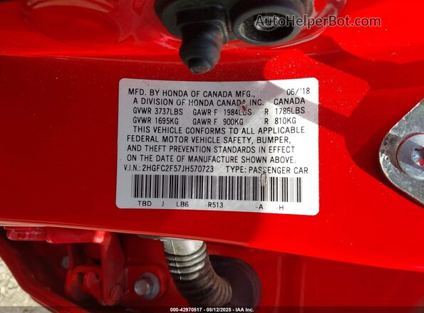 2HGFC2F57JH570723 2018 HONDA CIVIC Red Vista del compartimento del motor