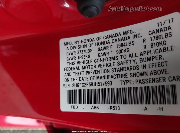 2HGFC2F58JH517593 2018 HONDA CIVIC Red Вид підкапотного простору