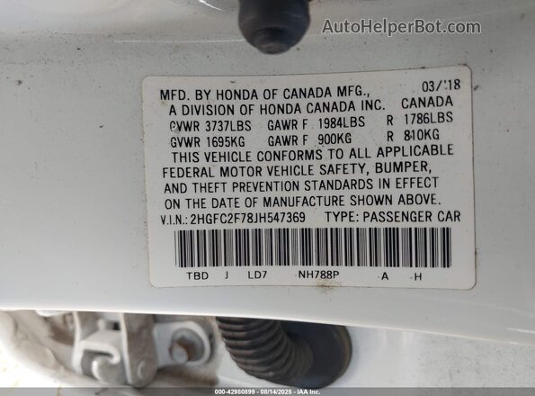 2HGFC2F78JH547369 2018 HONDA CIVIC White Շարժիչի բաժամունքի տեսք
