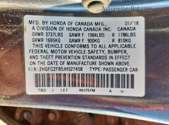 2HGFC2F85JH527458 2018 HONDA CIVIC Gray Вид підкапотного простору