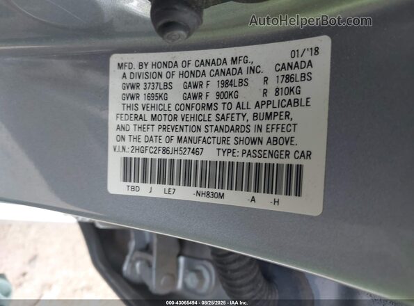 2HGFC2F86JH527467 2018 HONDA CIVIC Silver Вид підкапотного простору
