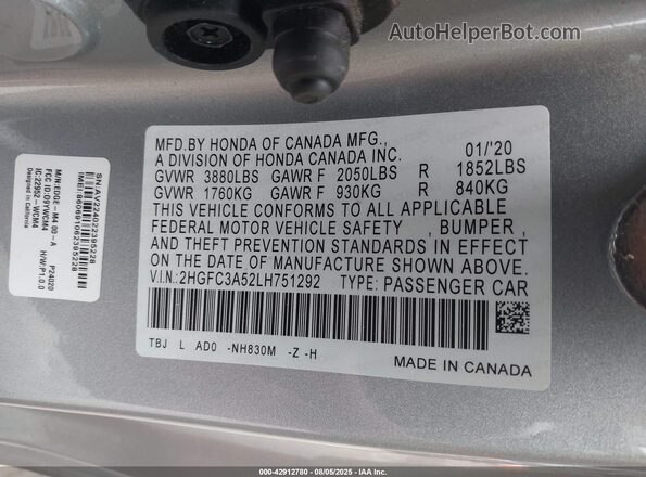 2HGFC3A52LH751292 2020 HONDA CIVIC SI Silver Вид підкапотного простору