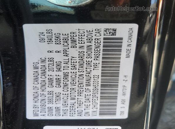 2HGFE2F50SH533122 2025 HONDA CIVIC Black Widok komory silnika