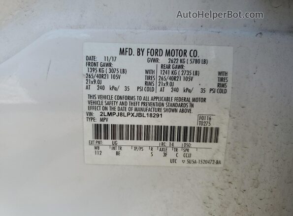 2LMPJ8LPXJBL18291 2018 LINCOLN MKX White Vista de la etiqueta del VIN