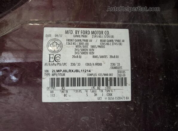 2LMPJ8LRXJBL11214 2018 LINCOLN MKX Maroon Vista de la etiqueta del VIN