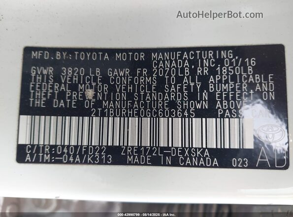 2T1BURHE0GC603645 2016 TOYOTA LL Белый Вид подкапотного пространства