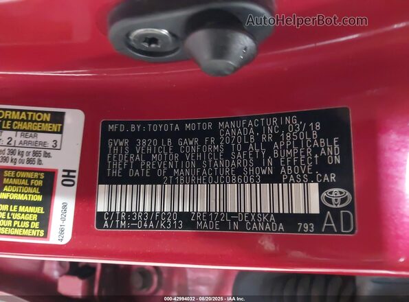 2T1BURHE0JC086063 2018 TOYOTA LL Red ძრავის განყოფილების ხედი