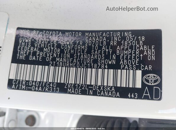 2T1BURHE0JC118784 2018 TOYOTA LL White Engine compartment view