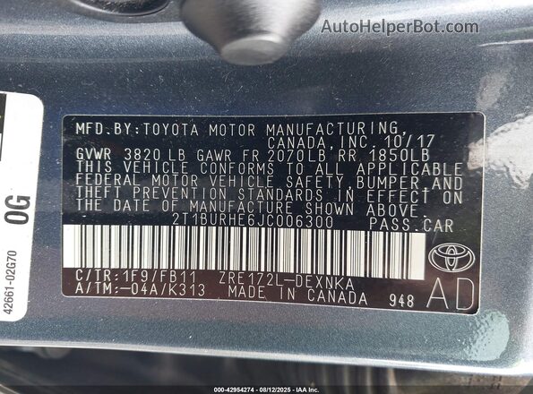 2T1BURHE6JC006300 2018 TOYOTA LL Gray Вид підкапотного простору
