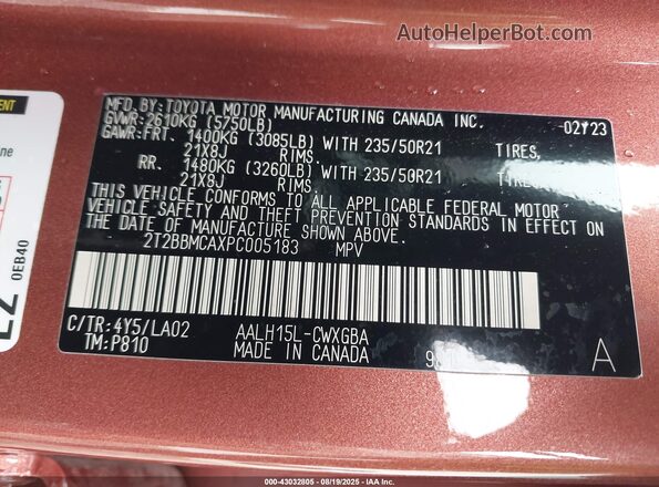 2T2BBMCAXPC005183 2023 LEXUS RX Orange ძრავის განყოფილების ხედი
