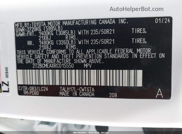 2T2BCMEAXRC015550 2024 LEXUS RX 500H White Շարժիչի բաժամունքի տեսք