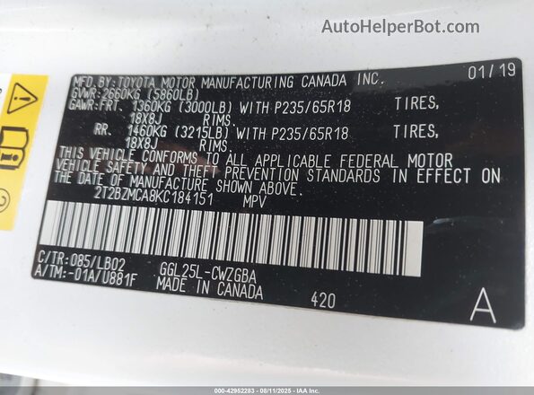 2T2BZMCA8KC184151 2019 LEXUS RX 350 Белый Вид подкапотного пространства