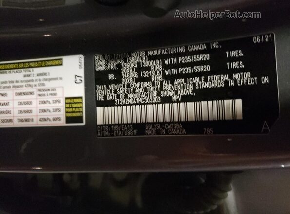 2T2HZMDA1MC303203 2021 LEXUS RX Charcoal Vista de la etiqueta del VIN