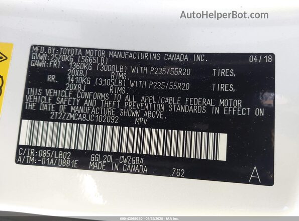 2T2ZZMCA8JC102092 2018 LEXUS RX White Вид підкапотного простору
