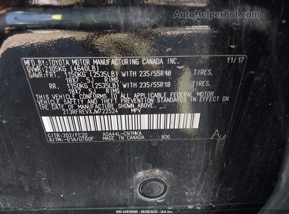 2T3RFREVXJW722524 2018 TOYOTA RAV4 Black Շարժիչի բաժամունքի տեսք