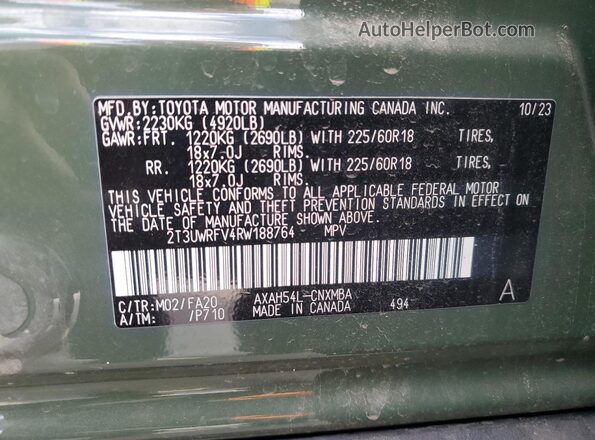 2T3UWRFV4RW188764 2024 TOYOTA RAV4 Зеленый Панорамный вид салона 360°