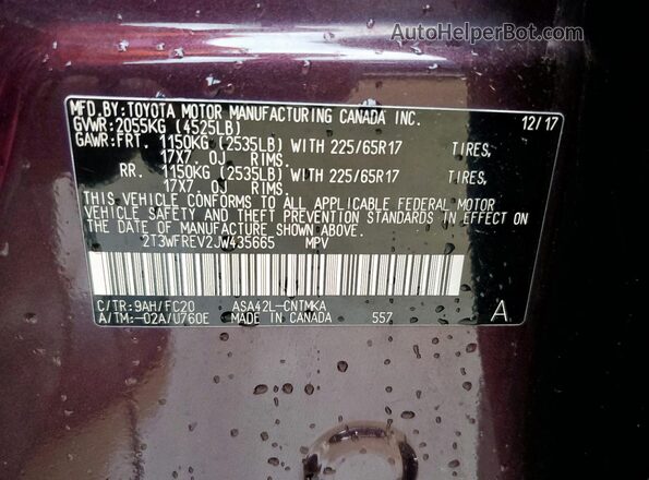 2T3WFREV2JW435665 2018 TOYOTA RAV4 Purple Widok naklejki z numerem VIN