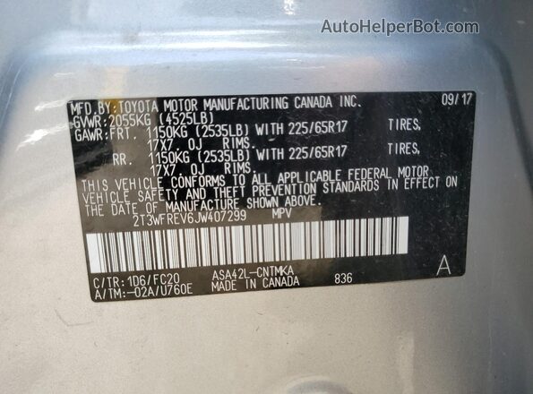2T3WFREV6JW407299 2018 TOYOTA RAV4 Silver Widok naklejki z numerem VIN
