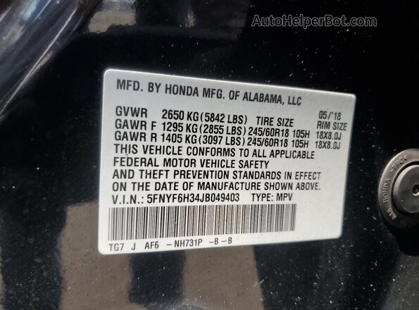 5FNYF6H34JB049403 2018 HONDA PILOT Black Widok wnętrza 360 stopni
