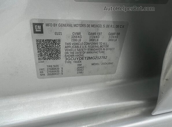 3GCUYDET2MG212792 2021 CHEVROLET ALL MODELS Серебряный Вид задней части салона