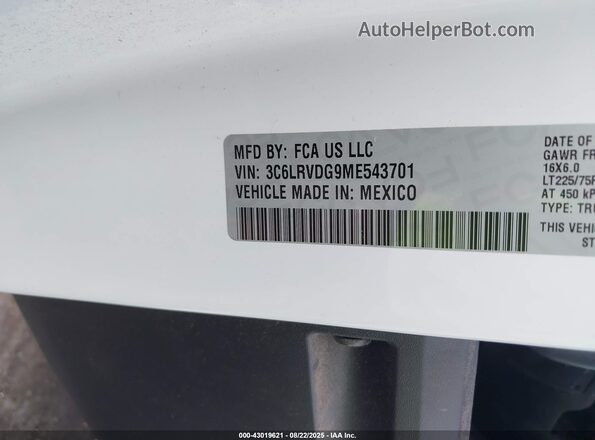 3C6LRVDG9ME543701 2021 RAM PROMASTER 2500 Белый Вид подкапотного пространства