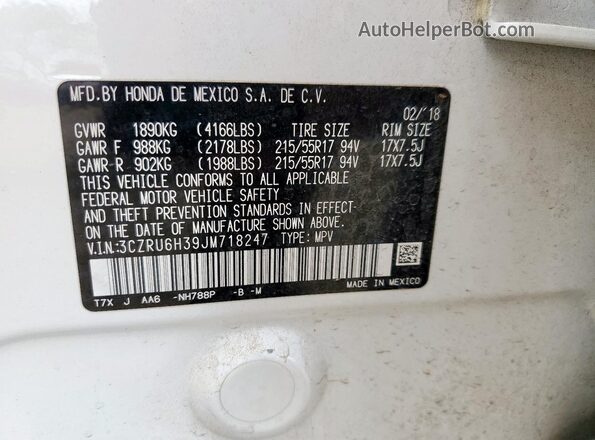 3CZRU6H39JM718247 2018 HONDA HR-V Белый Вид наклейки с VIN-кодом