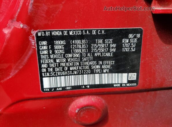 3CZRU6H3XJM731220 2018 HONDA HR-V Red VIN sticker view