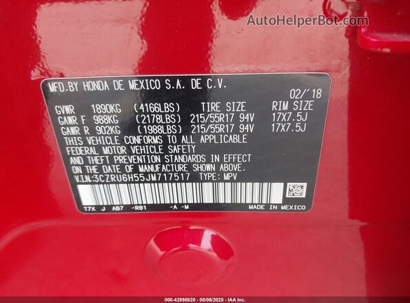 3CZRU6H55JM717517 2018 HONDA HR-V Red Widok komory silnika