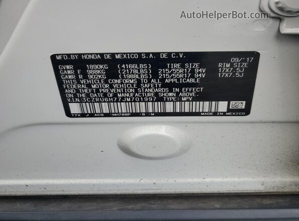 3CZRU6H77JM701997 2018 HONDA HR-V White VIN კოდის სტიკერის ხედი