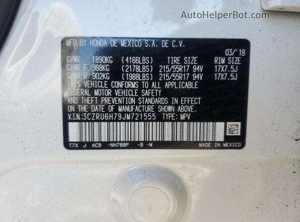 3CZRU6H79JM721555 2018 HONDA HR-V White VIN კოდის სტიკერის ხედი