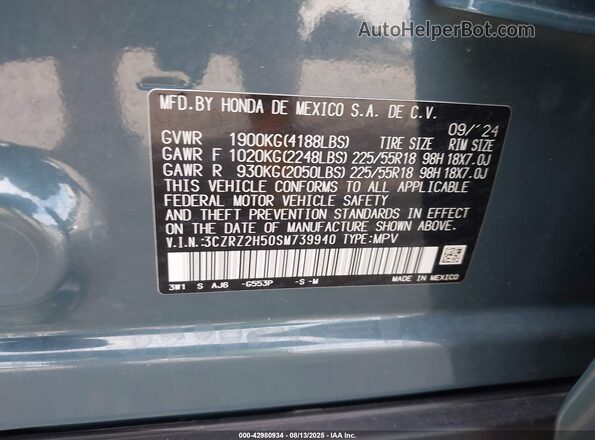 3CZRZ2H50SM739940 2025 HONDA HR-V Зеленый Вид подкапотного пространства
