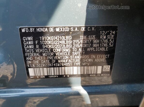 3CZRZ2H74SM764051 2025 HONDA HR-V Charcoal VIN კოდის სტიკერის ხედი