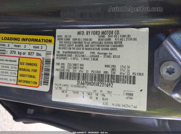 3FA6P0HD0JR201692 2018 FORD FUSION Серый Вид подкапотного пространства