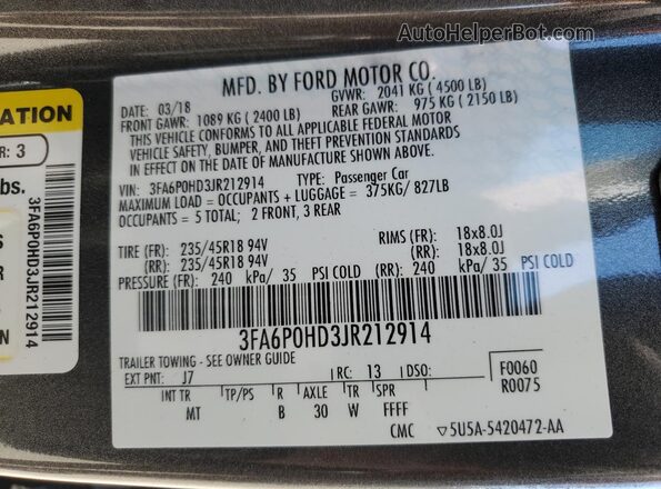 3FA6P0HD3JR212914 2018 FORD FUSION Gray Vista del compartimento del motor