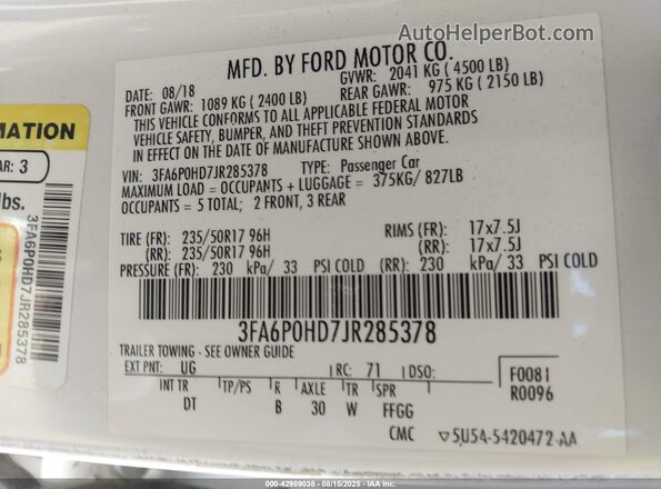 3FA6P0HD7JR285378 2018 FORD FUSION White Vista del compartimento del motor