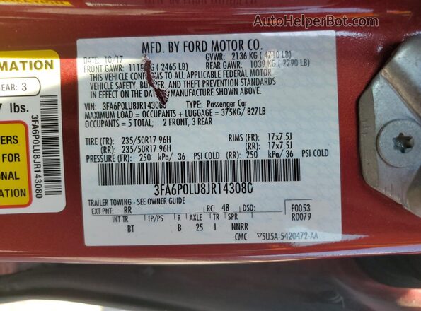 3FA6P0LU8JR143080 2018 FORD FUSION Red Շարժիչի բաժամունքի տեսք
