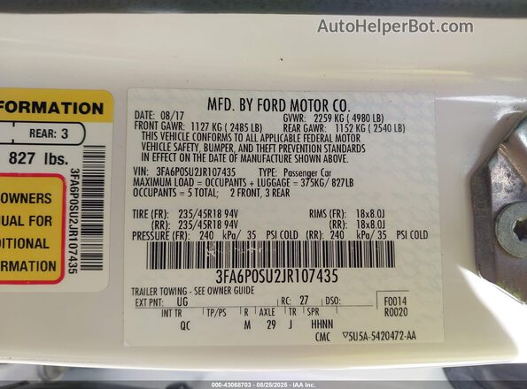 3FA6P0SU2JR107435 2018 FORD FUSION White Vista del compartimento del motor
