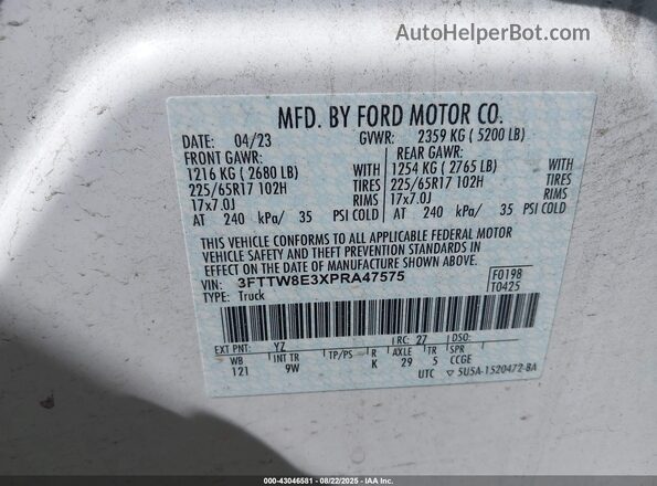 3FTTW8E3XPRA47575 2023 FORD MAVERICK White Շարժիչի բաժամունքի տեսք