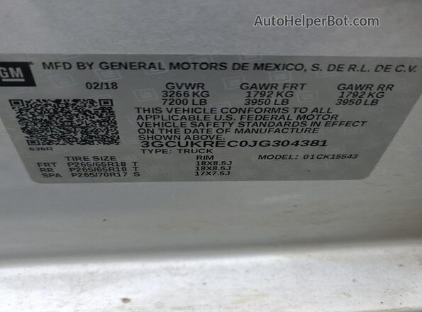 3GCUKREC0JG304381 2018 CHEVROLET SILVERADO Silver Շարժիչի բաժամունքի տեսք