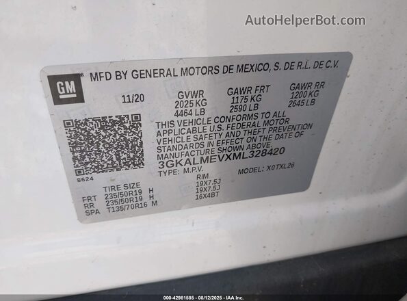 3GKALMEVXML328420 2021 GMC TERRAIN White Engine compartment view