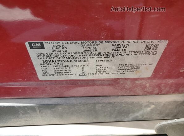 3GKALPEX4JL183308 2018 GMC TERRAIN Red Вид наклейки з VIN-кодом