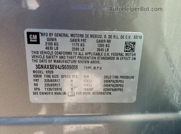 3GNAXSEV4JS609058 2018 CHEVROLET EQUINOX Серебряный Вид наклейки с VIN-кодом