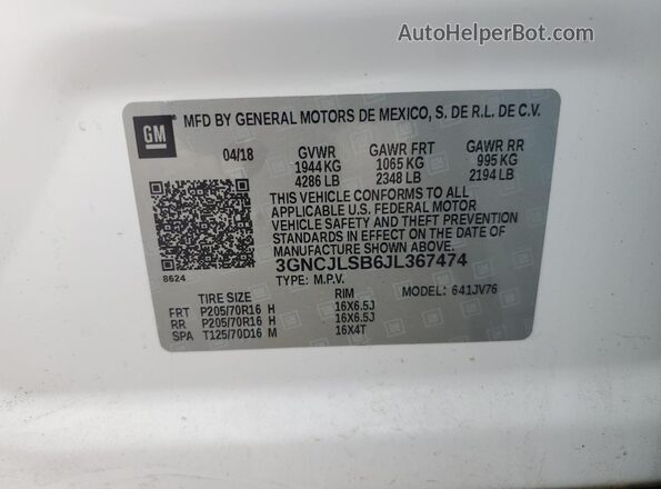 3GNCJLSB6JL367474 2018 CHEVROLET TRAX White Widok wnętrza 360 stopni