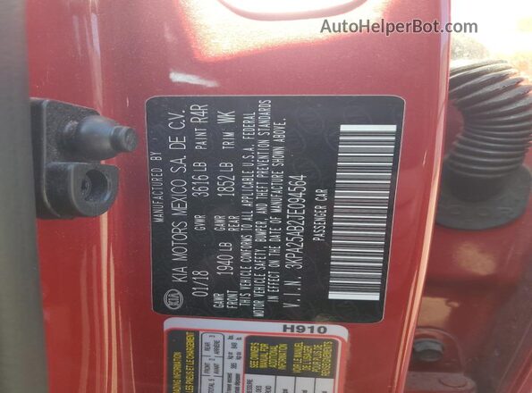 3KPA25AB2JE094564 2018 KIA RIO Red VIN sticker view