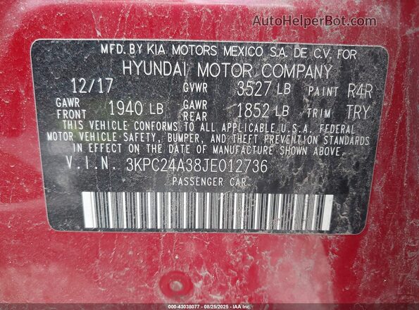 3KPC24A38JE012736 2018 HYUNDAI ACCENT Красный Вид подкапотного пространства