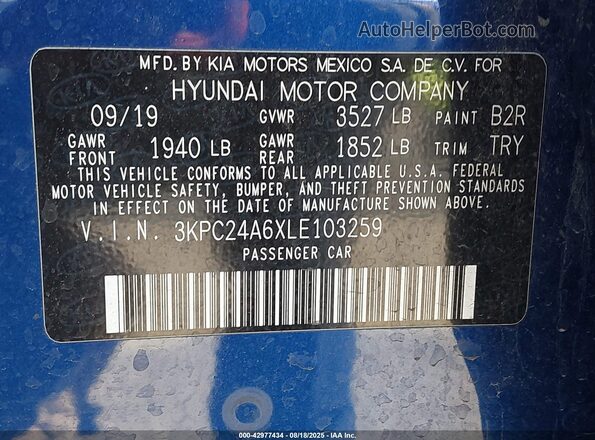 3KPC24A6XLE103259 2020 HYUNDAI ACCENT Синий Вид подкапотного пространства