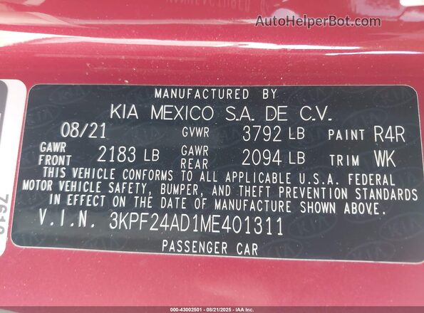 3KPF24AD1ME401311 2021 KIA FORTE Red ძრავის განყოფილების ხედი