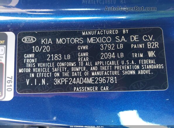 3KPF24AD4ME296781 2021 KIA FORTE Blue Вид підкапотного простору
