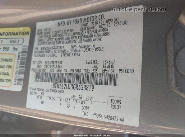 3LN6L2LU3GR633819 2016 LINCOLN MKZ HYBRID Gray Engine compartment view